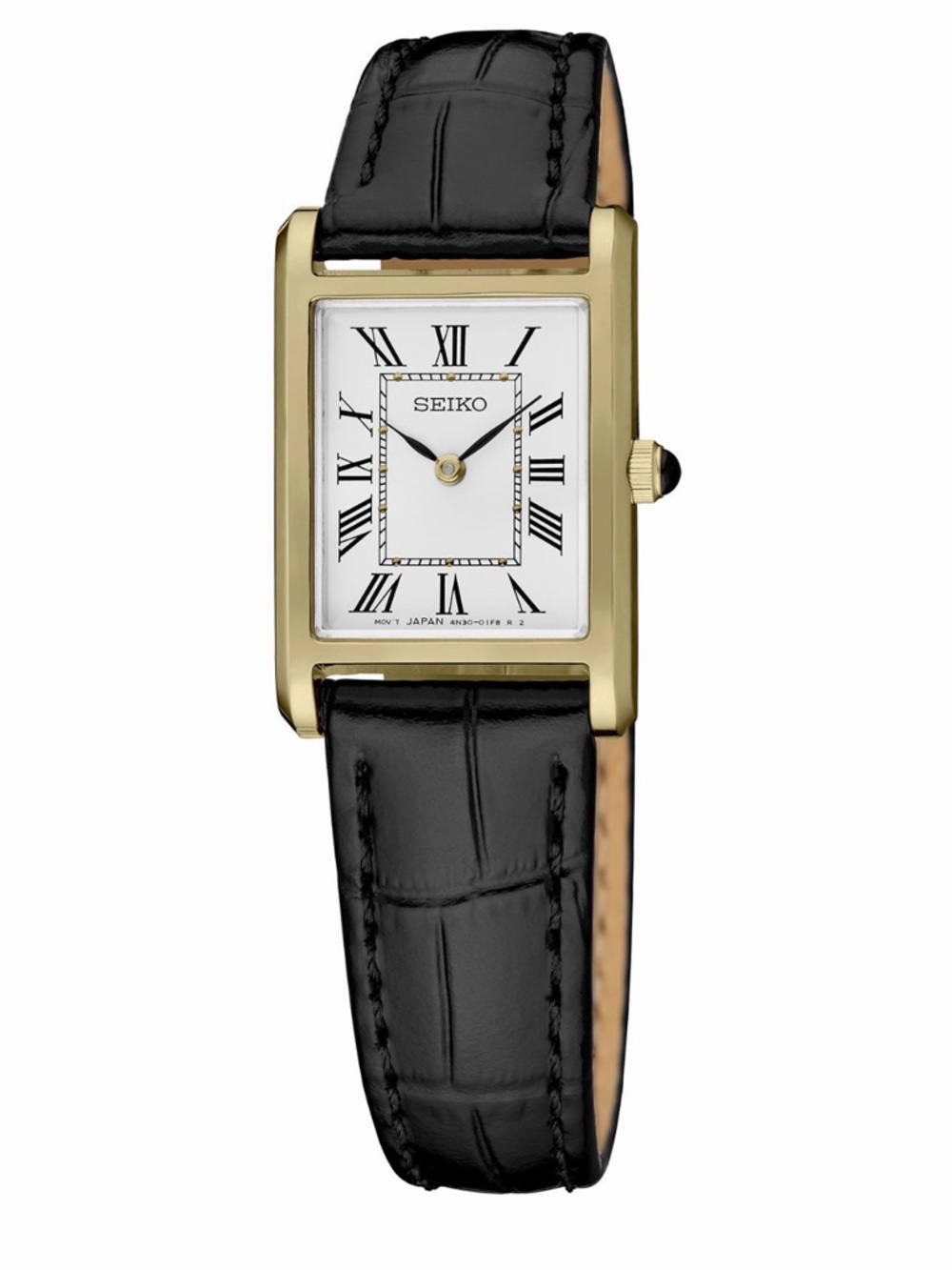 Seiko Gold-Tone Rectangular Case Black Leather Strap Women's Watch